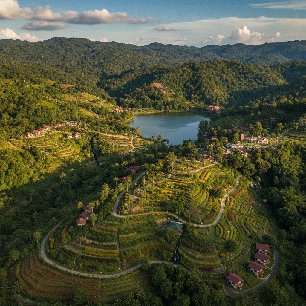 Panoramic view of Eden Nature Park and Resort, showing lush botanical gardens and mountainous terrain.