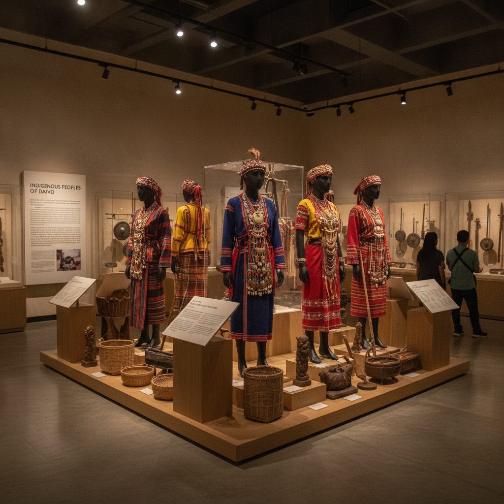 Exhibit inside Museo Dabawenyo displaying traditional indigenous costumes and artifacts.