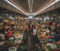 Bustling Bankerohan Public Market with colorful stalls of fresh fruits, vegetables, and local delicacies.